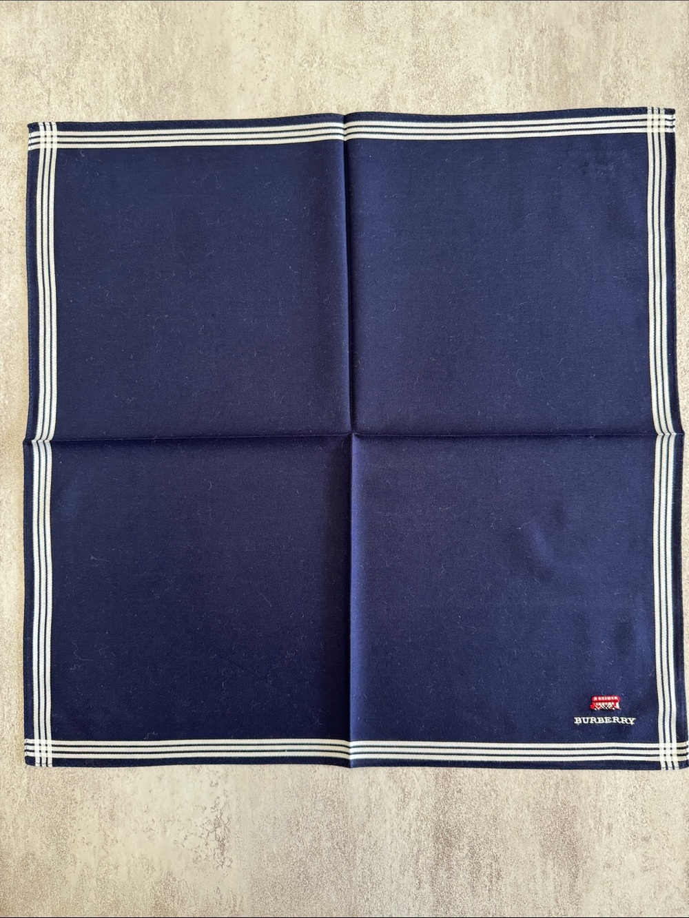 Burberry Navy Pocket Square with White Stripe Border cotton